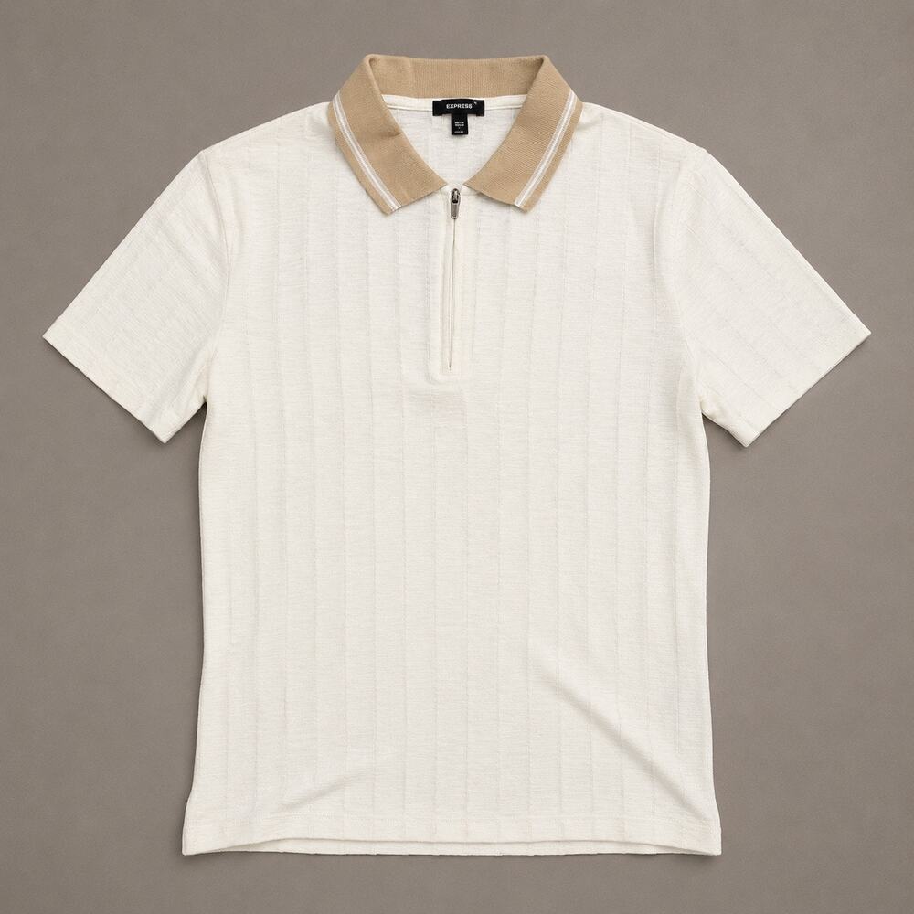 Express Ivory Ribbed Knit Zip Polo Top Beige Collar Short Sleeve Size XS